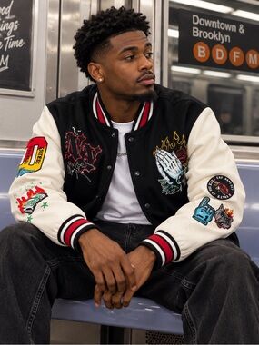 Supply & Demand Beyer Varsity Jacket Men's S Black Cream Embroidered NWT $120
